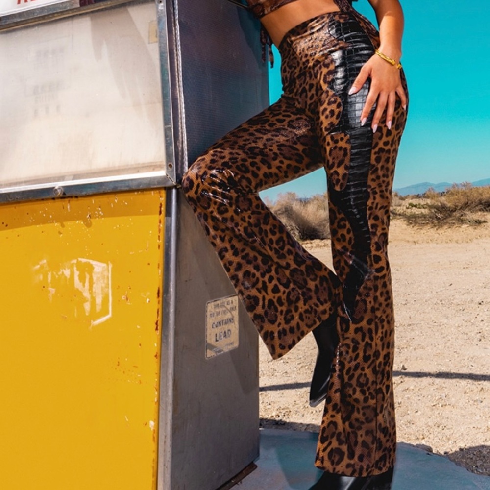Leather leopard bootcut pants